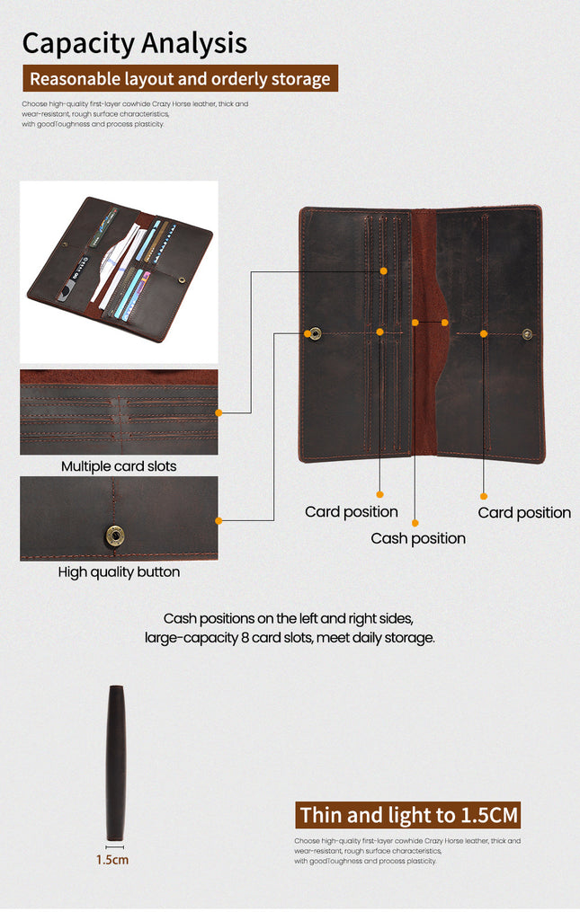 Men's Wallet Long, Multi Card Leather Wallet, Bifold Vintage Snap Button Cowhide Clutch Bag