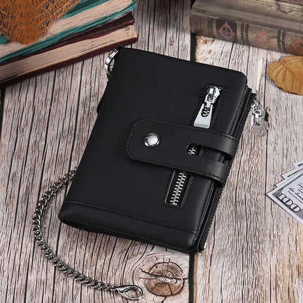 Men's Chain Wallet, RFID Men's Genuine Leather Bi-Fold Wallet with Credit Card Holder and Zipper Coin Pocket