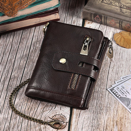 Men's Chain Wallet, RFID Men's Genuine Leather Bi-Fold Wallet with Credit Card Holder and Zipper Coin Pocket