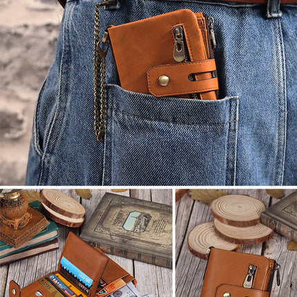 Men's Chain Wallet, RFID Men's Genuine Leather Bi-Fold Wallet with Credit Card Holder and Zipper Coin Pocket
