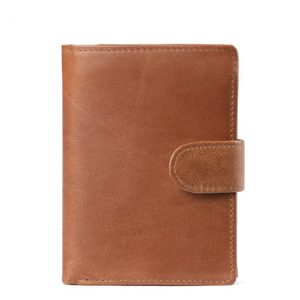 Men's Genuine Leather Wallet RFID Blocking Bifold Casual Wallet Large Capacity Snap Button Coin Pouch with Card Position and ID Window