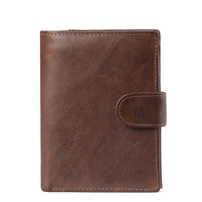 Men's Genuine Leather Wallet RFID Blocking Bifold Casual Wallet Large Capacity Snap Button Coin Pouch with Card Position and ID Window