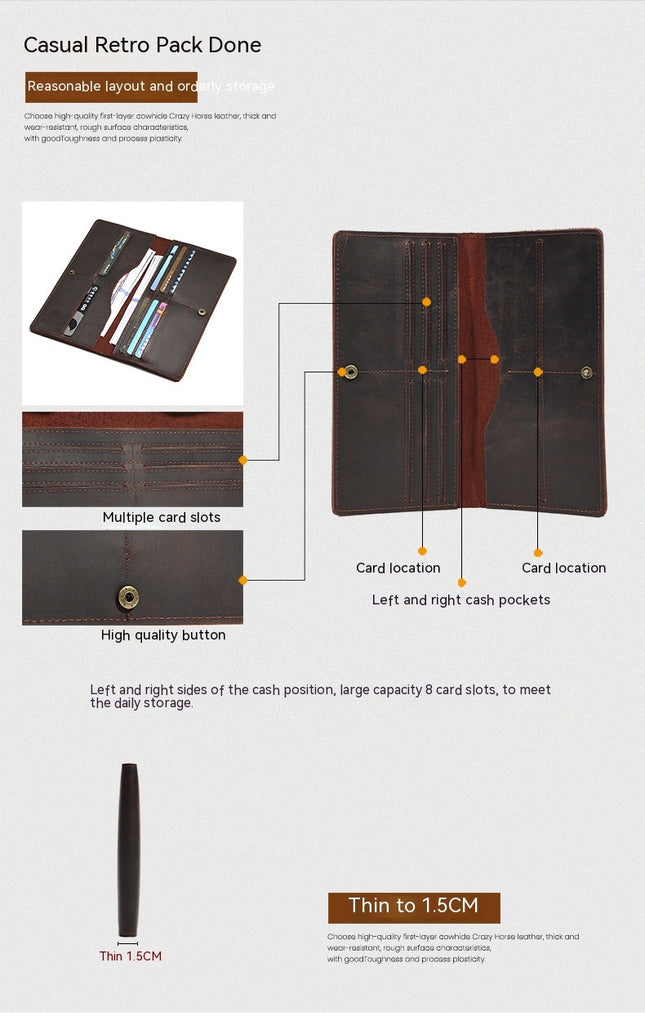 Men's Long Wallet Genuine Leather Cowboy Wallet Slim Wallet Card Case RFID Blocking Credit Card Holder Wallet