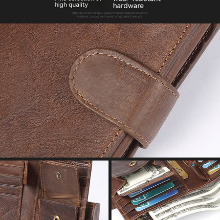 Men's Genuine Leather Wallet RFID Blocking Bifold Casual Wallet Large Capacity Snap Button Coin Pouch with Card Position and ID Window