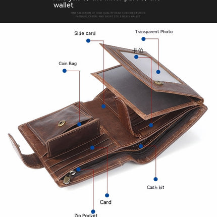 Men's Genuine Leather Wallet RFID Blocking Bifold Casual Wallet Large Capacity Snap Button Coin Pouch with Card Position and ID Window