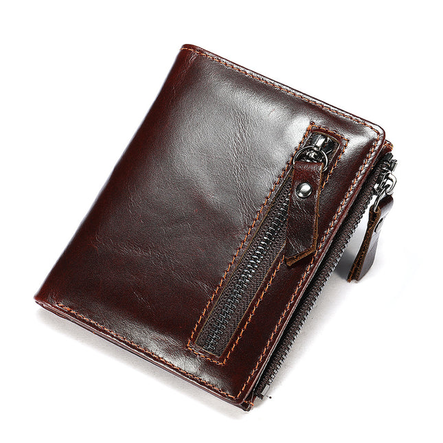 Genuine Leather Zipper Wallet, RFID Blocking Zipper Front Pocket Bifold Wallet, Short Multifunctional Coin Purse, Men's Wallet