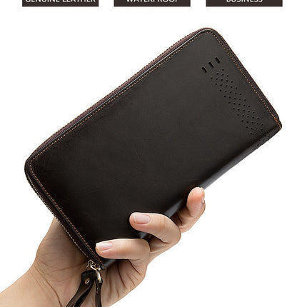 Men's Genuine Leather Clutch Wallet Wallet Zipper Business Card Holder Wristlet Wallet, Men's Long Wallet