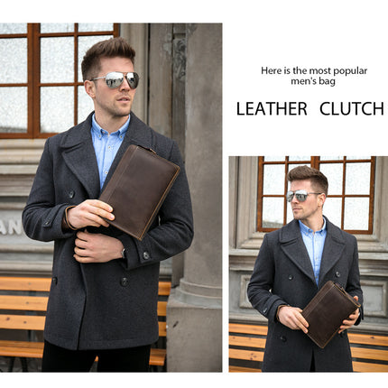 Pochette pour hommes Vintage en cuir affaires pochette décontractée avec dragonne grande capacité fermeture éclair hommes pochette hommes