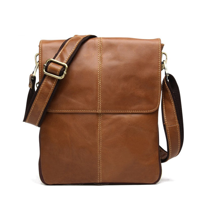 Genuine leather shoulder bag, men's crossbody bag, retro vertical small satchel, cowhide casual flap leather bag