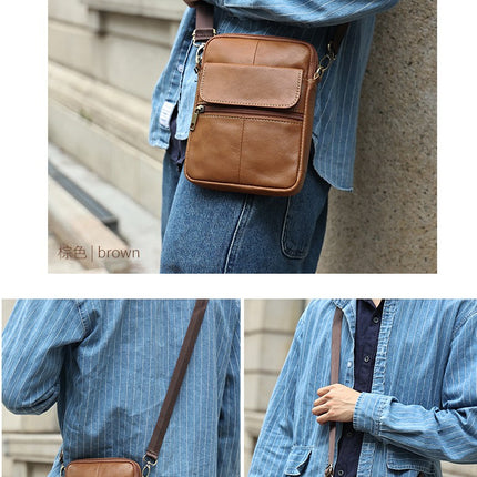 Genuine Leather Flap Men's Crossbody Bag, Small Crossbody Bag, Casual Shoulder Satchel Cell Phone Bag