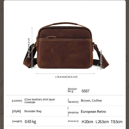 Classic Shoulder Bag for Men, Crazy Horse Leather Crossbody Bag, Small Business Messenger Bag, Fashion Handbag