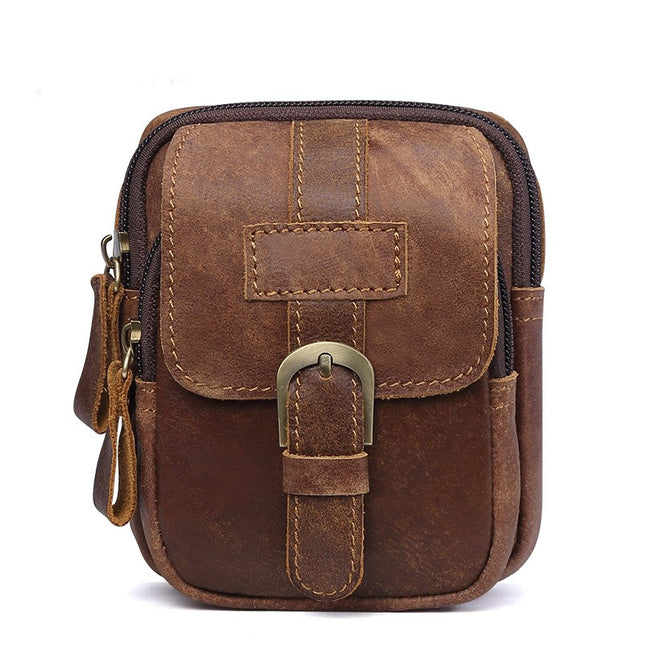 Vintage Fashion Leather Men's Waist Pack Outdoor Casual Multifunctional Men's Bag Cell Phone Small Waist Pack Zipper Vertical Waist Bag