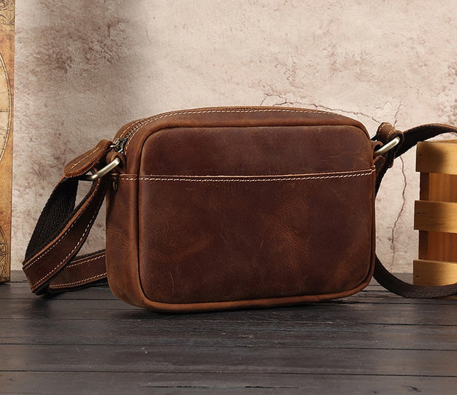 Niche crossbody bag for men, crazy horse leather shoulder bag, men's bag leather, vintage crossbody small bag for men
