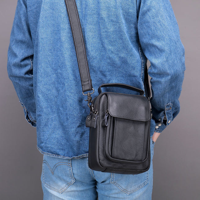 Small Men's Leather Shoulder Bag Business Cell Phone Crossbody Messenger Bag Wallet Side Pouch Tote Handbag Travel Bag