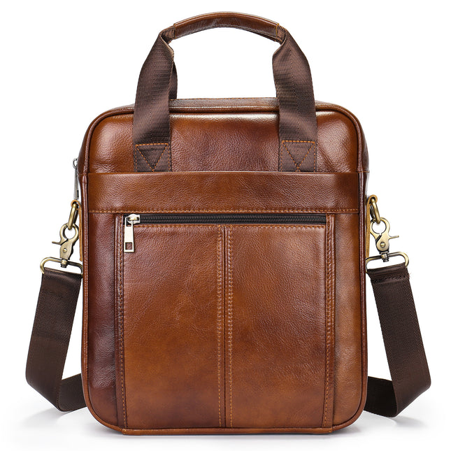Head layer cowhide men's bag, business vertical paragraph handheld briefcase 9.7 inch ipad leather shoulder satchel bag