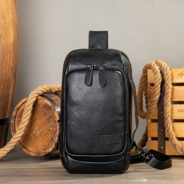 Shoulder bag crossbody bag Men's outdoor waterproof anti-theft chest bag hiking riding backpack head layer cowhide leather chest bag