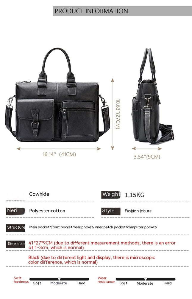 Portable Genuine Leather Computer Bag Men's Large Capacity Shoulder Bag Business Briefcase