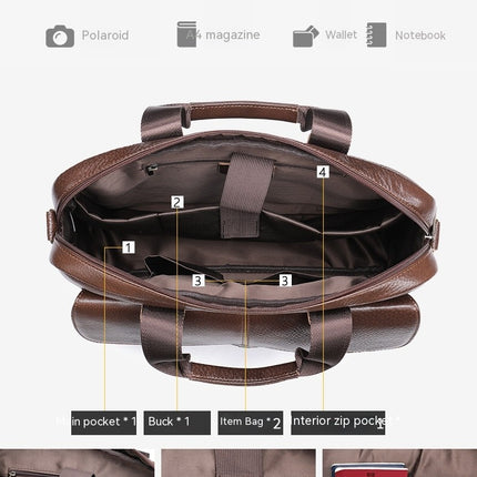 Men's Genuine Leather Computer Retro Handbag Casual Shoulder Bag Large Capacity Crossbody Bag