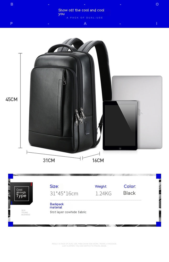 Genuine Leather Backpack Men's Business Travel First Layer Cowhide Backpack Computer Bag Black