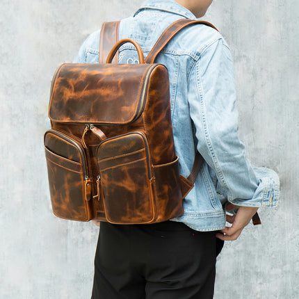 Men's Backpack Men's Vintage Genuine Leather Backpack for Laptop Large Capacity Travel Bag