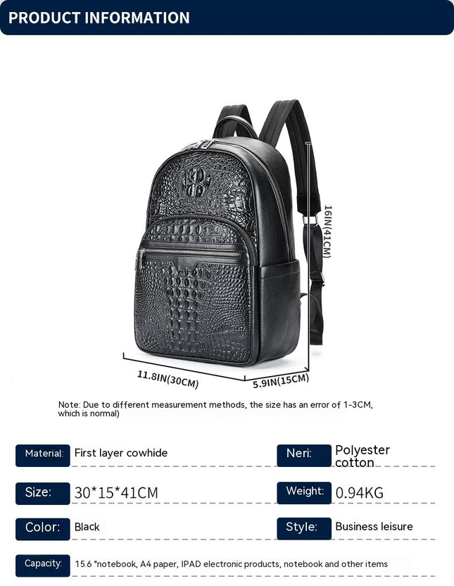 Backpack Men's Genuine Leather Backpack Casual Travel Bag Crocodile Computer Backpack