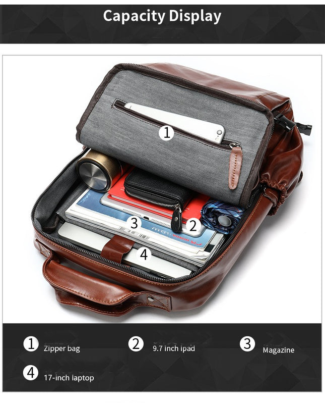 Genuine Leather Men's Backpack Retro Business Backpack Computer Bag, Casual Shoulder Bag