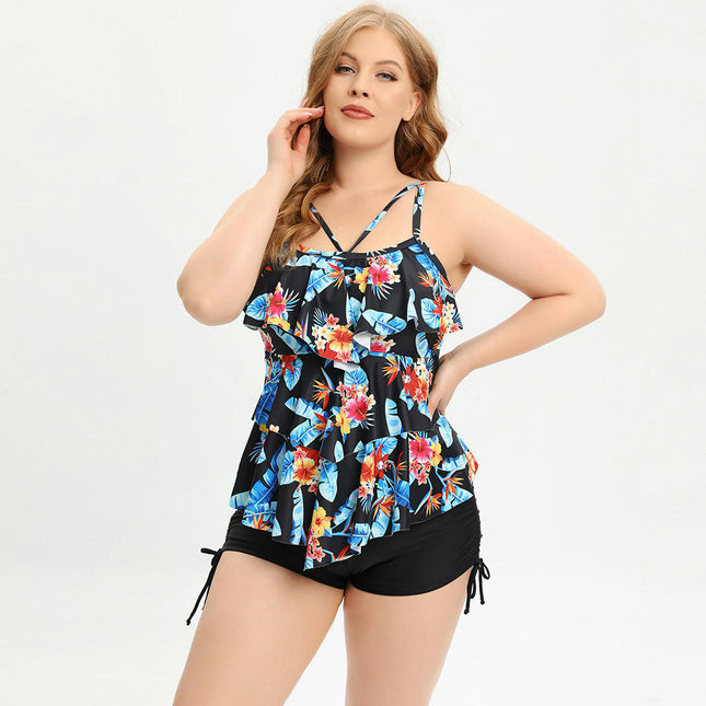 Women Plus Size Two Piece Tankini Swimsuit Layered Ruffle Flounce Top with Boyshorts