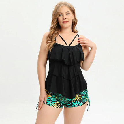 Maillot de bain tankini deux pièces grande taille pour femme, haut superposé à volants avec short