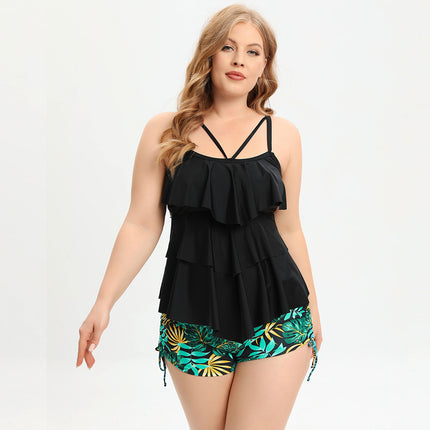 Maillot de bain tankini deux pièces grande taille pour femme, haut superposé à volants avec short