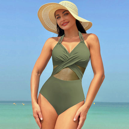 Women V Neck One Piece Swimsuit Wrapped Mesh Tummy Control Bathing Suit