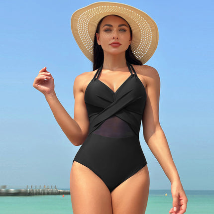 Women V Neck One Piece Swimsuit Wrapped Mesh Tummy Control Bathing Suit