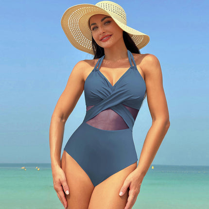 Women V Neck One Piece Swimsuit Wrapped Mesh Tummy Control Bathing Suit