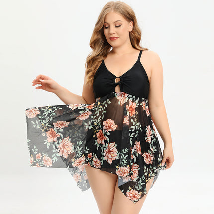 Zweiteiliges Badekleid in Übergröße mit Boyshorts für Damen, Netz-Badeanzüge, fließende Badeanzüge