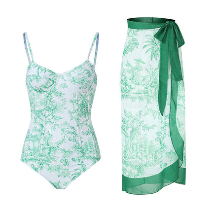 Women Floral One Piece Swimsuit with Beach Cover Ups Long Wrap Skirt 2 Piece Bathing Suit