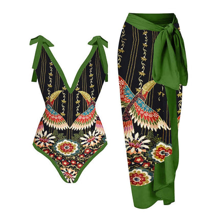 Women Floral One Piece Swimsuit with Beach Cover Ups Long Wrap Skirt 2 Piece Bathing Suit