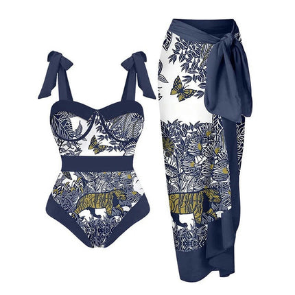 Women Floral One Piece Swimsuit with Beach Cover Ups Long Wrap Skirt 2 Piece Bathing Suit