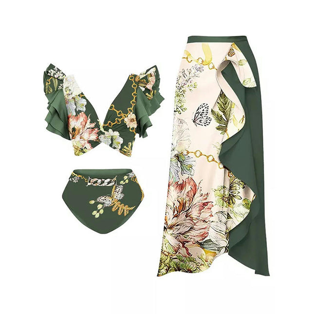 Maillot de bain une pièce à fleurs pour femmes, avec couverture de plage, jupe longue portefeuille, 2 pièces