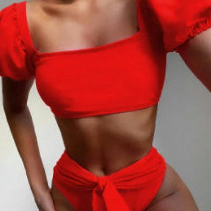 Women's  Cute Solid Bubble Sleeves High Waisted Two Piece Bikini Swimsuit