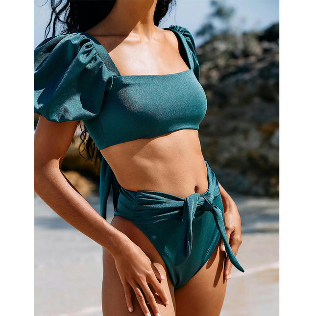 Women's  Cute Solid Bubble Sleeves High Waisted Two Piece Bikini Swimsuit