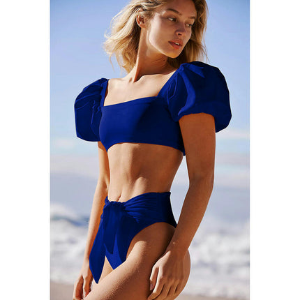 Women's  Cute Solid Bubble Sleeves High Waisted Two Piece Bikini Swimsuit