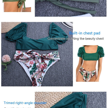 Women's  Cute Solid Bubble Sleeves High Waisted Two Piece Bikini Swimsuit