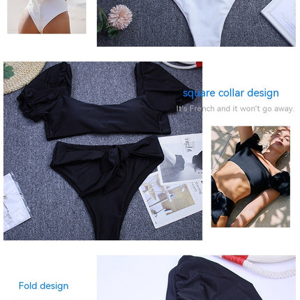 Women's  Cute Solid Bubble Sleeves High Waisted Two Piece Bikini Swimsuit