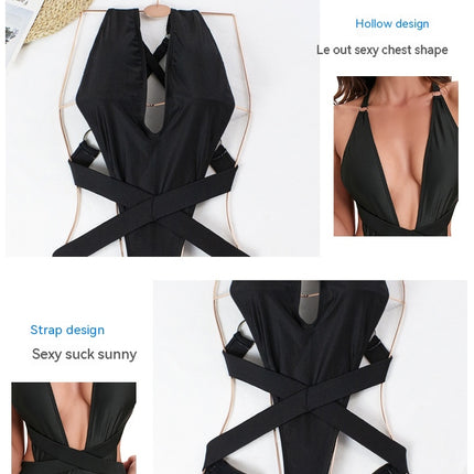 Maillot de bain une pièce pour femme, découpé, dos croisé, cravate, décolleté en V profond, froncé, coupe haute