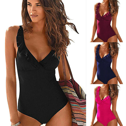Maillot de bain une pièce à volants et col en V profond pour femme