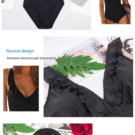 Maillot de bain une pièce à volants et col en V profond pour femme
