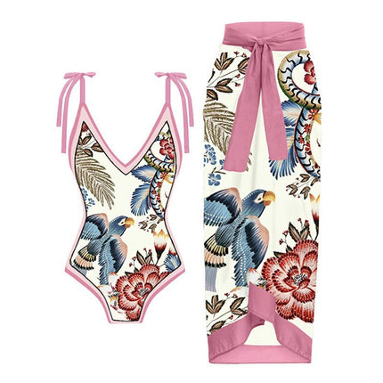 Women 2 Pieces Beach Swimsuit Tropical Bikini Swimsuit with Cover up Wrap Skirt Bathing Suits