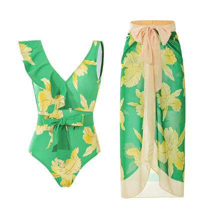Women 2 Pieces Beach Swimsuit Tropical Bikini Swimsuit with Cover up Wrap Skirt Bathing Suits