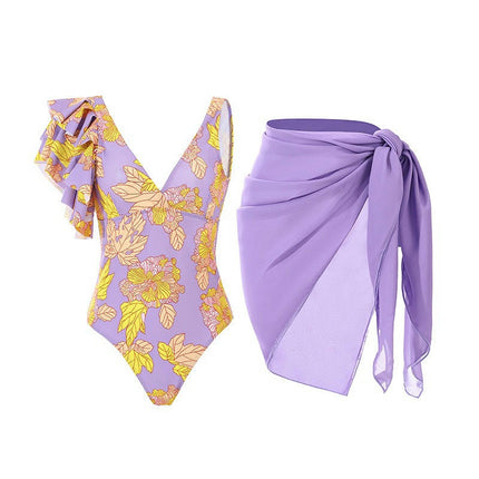 Women 2 Pieces Beach Swimsuit Tropical Bikini Swimsuit with Cover up Wrap Skirt Bathing Suits