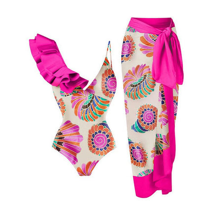 Women 2 Pieces Beach Swimsuit Tropical Bikini Swimsuit with Cover up Wrap Skirt Bathing Suits
