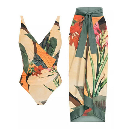 Women 2 Pieces Beach Swimsuit Tropical Bikini Swimsuit with Cover up Wrap Skirt Bathing Suits